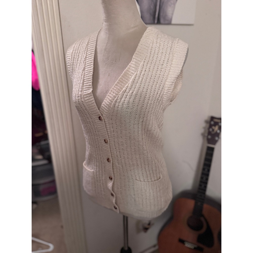 Vintage Its Pure Gould Cream Knit Button Front Sweater Vest Cardigan Pockets - Picture 2 of 8